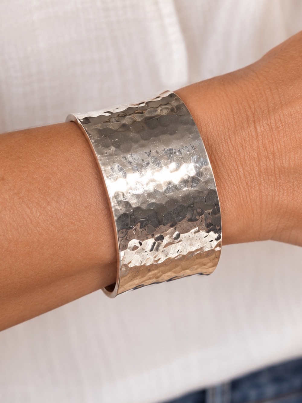 Wide Hammered Silver-Tone Cuff Bracelet – Chunky Statement Open Cuff